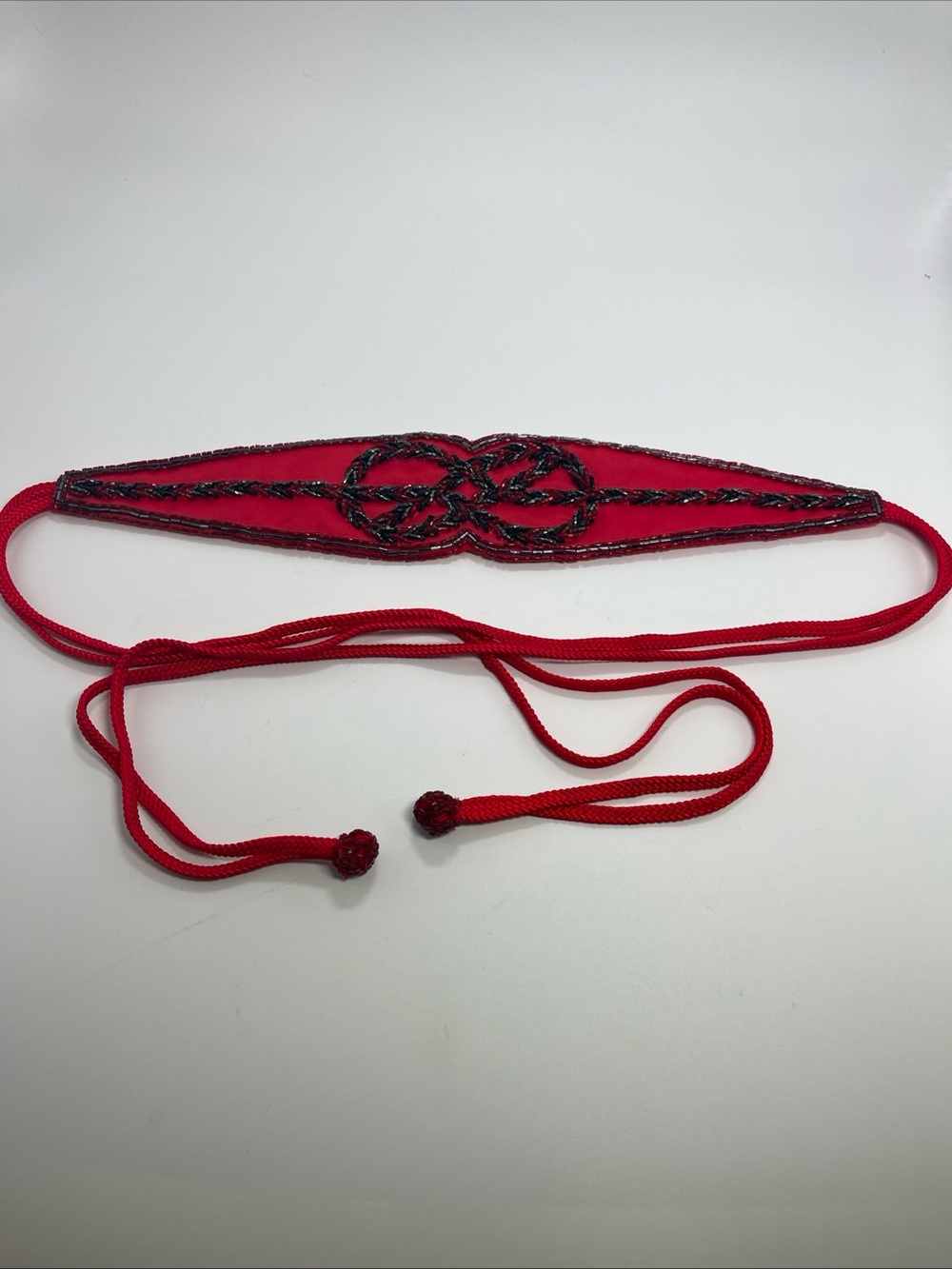Vintage Handmade Beaded Red Satin Sash Belt Black Celtic Knot Seed Bead Tie 63
